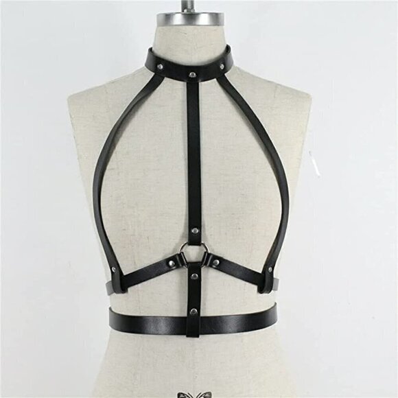 𝅺BLACK Leather Waist Shoulder Harness Bra Belt Choker Slave Fetish Bondage NWT - Picture 8 of 8